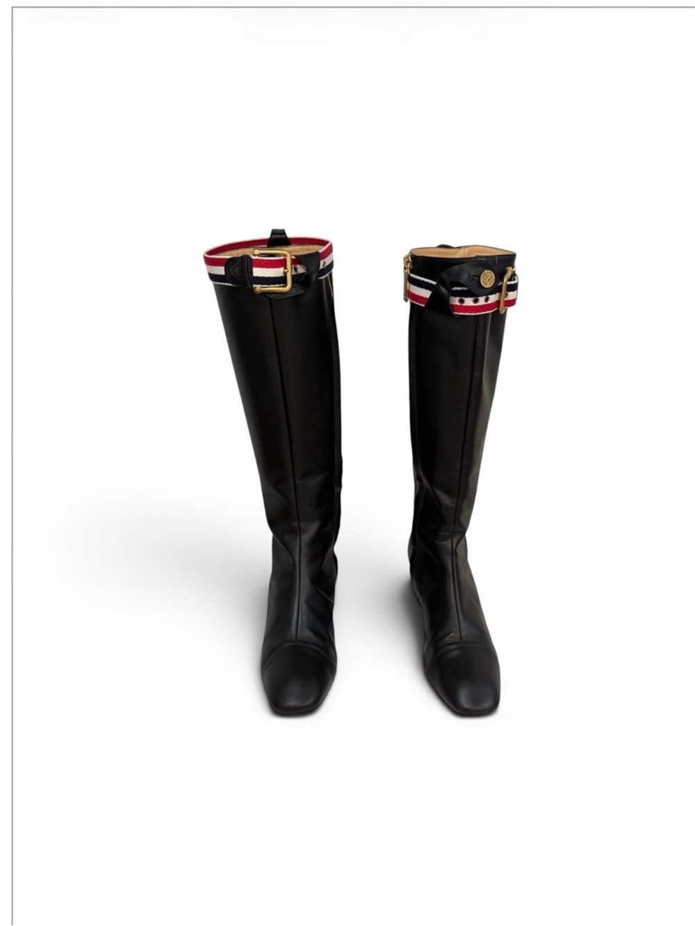 Thom Browne Black Leather Boots with Red and White Accents